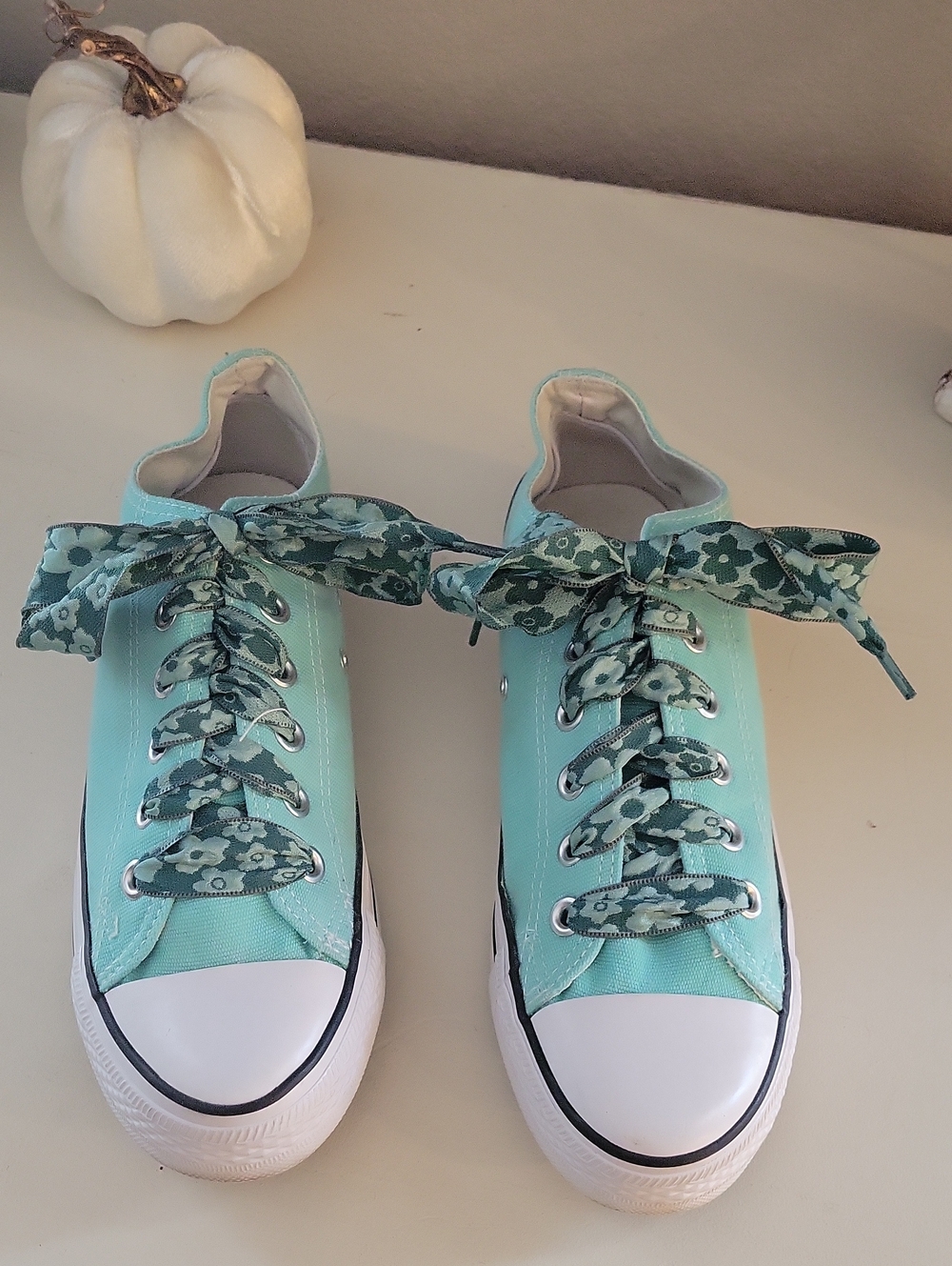 Converse Women's Mint Green Canvas Sneakers with Floral Brocade Laces